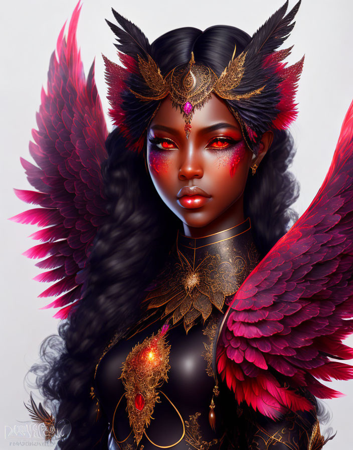 Black feathered wings, gold jewelry, red markings, headdress, mystical ambiance