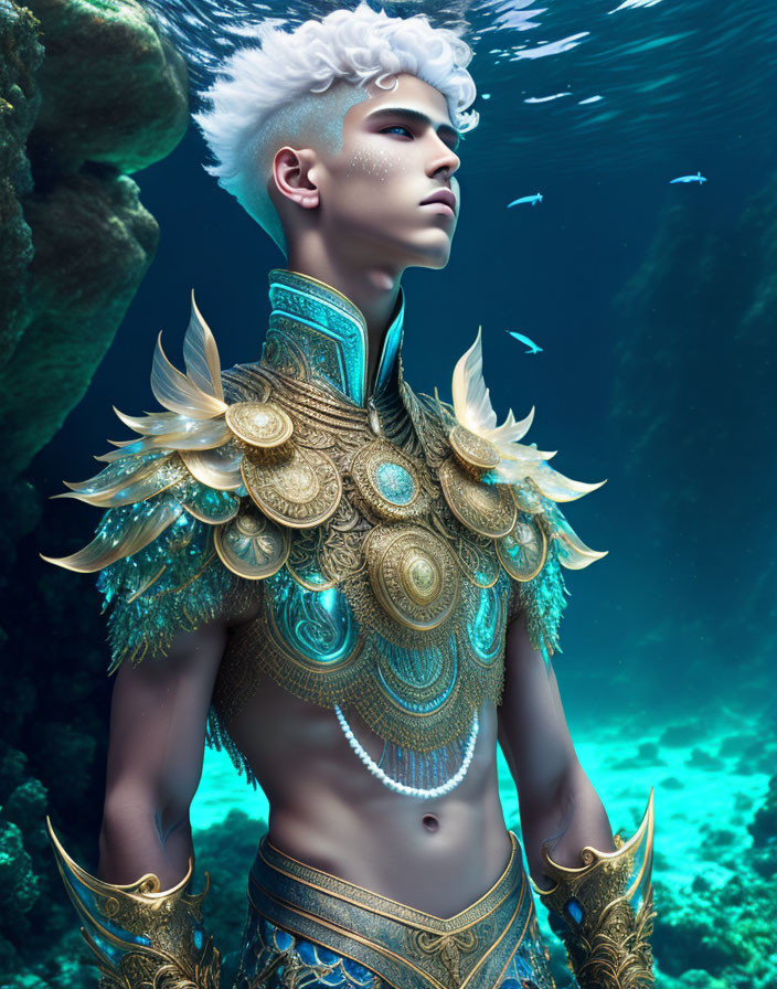 Person in Gold Armor with White Hair in Underwater Scene