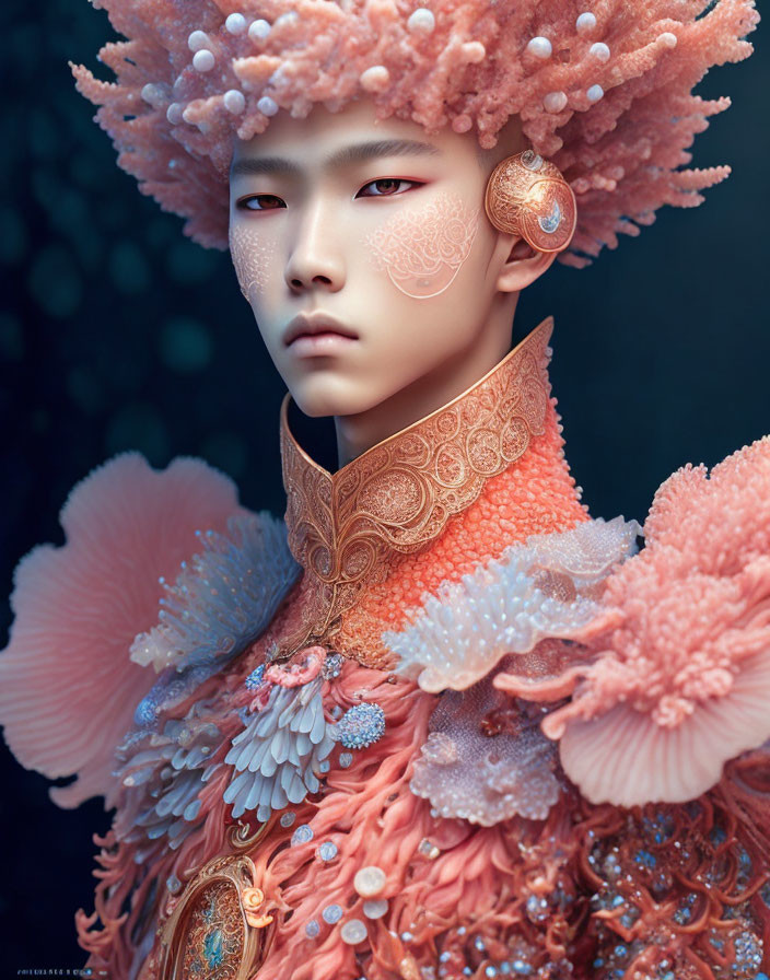 Person with intricate coral-like textures on attire and headpiece in serene expression against dark background