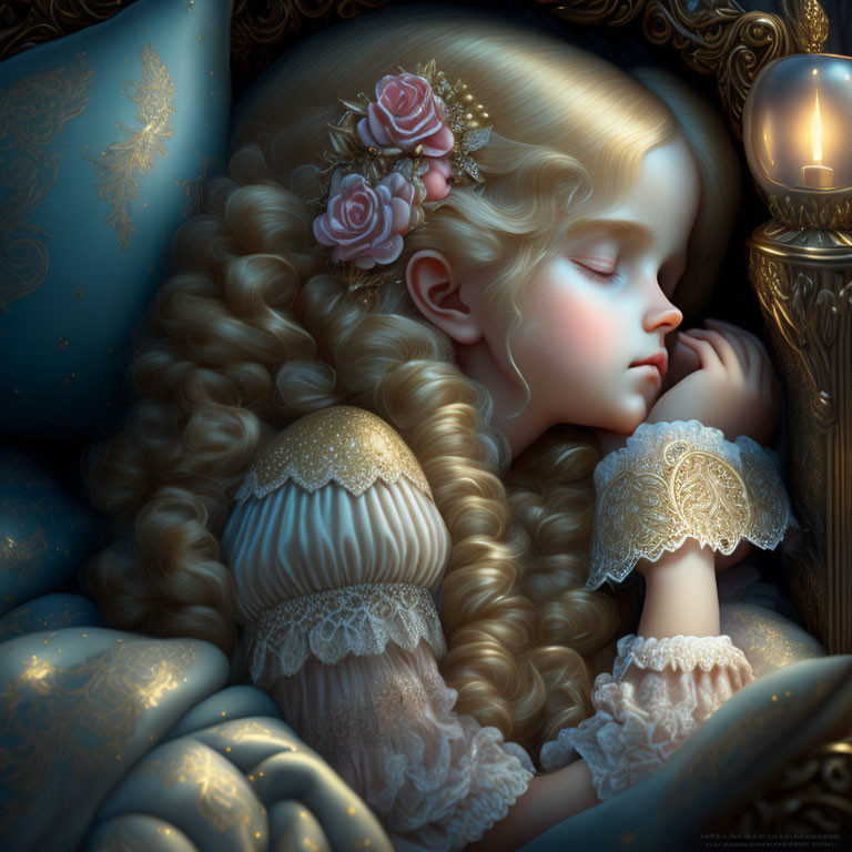 Young girl with blonde hair and pink roses sleeping peacefully in digital artwork