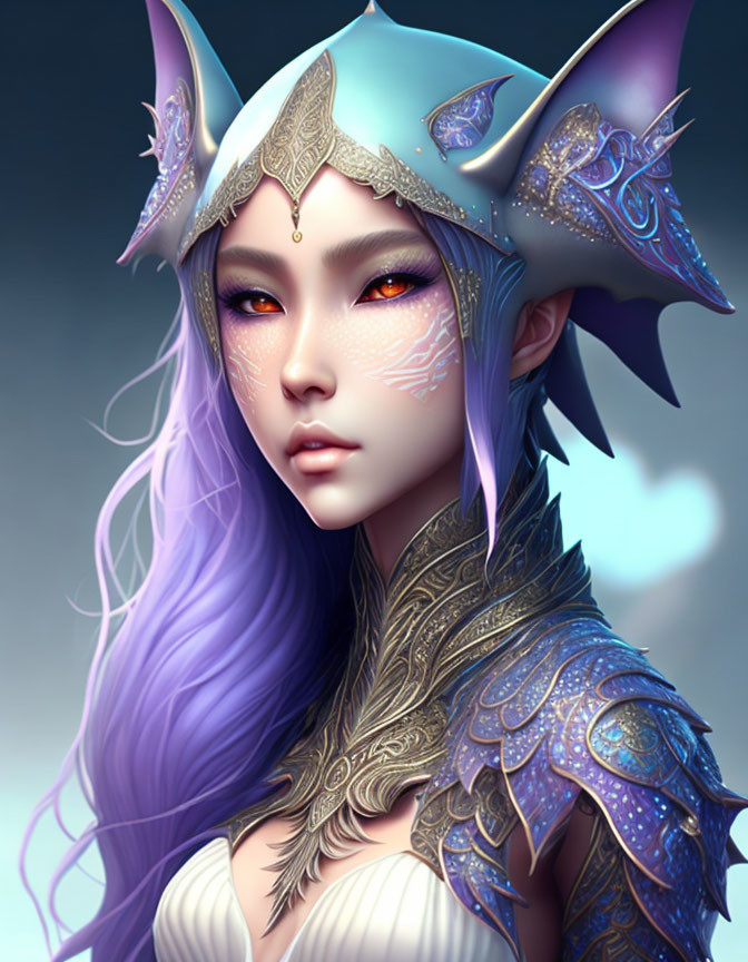 Fantasy character with purple hair, elf ears, orange eyes, silver and blue armor