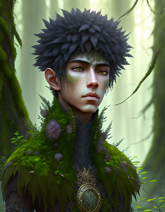 Fantasy character with green eyes in dark headdress and feather cloak in ethereal forest