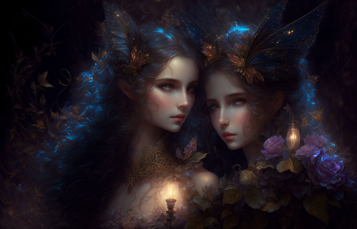 Ethereal women with butterfly wings in hair among dark foliage and glowing flowers