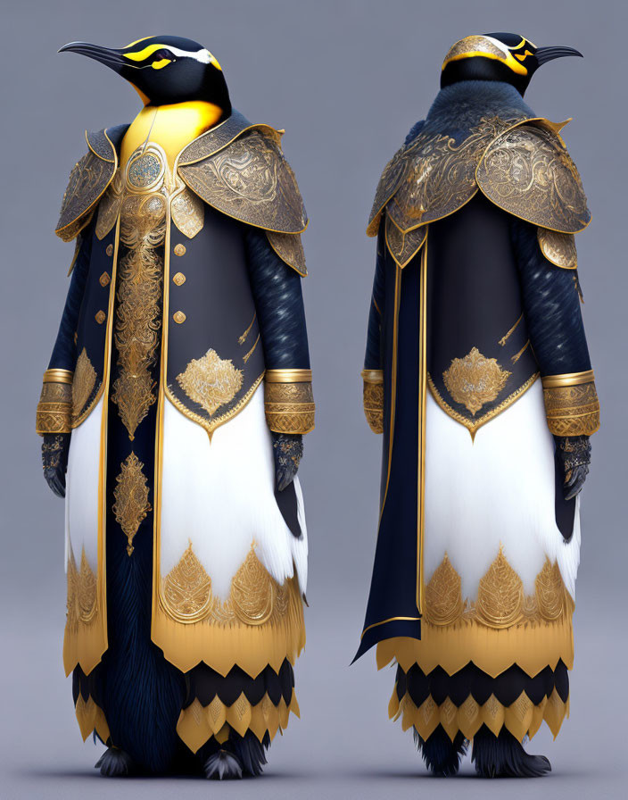 Stylized illustration of a penguin in ornate gold naval uniform