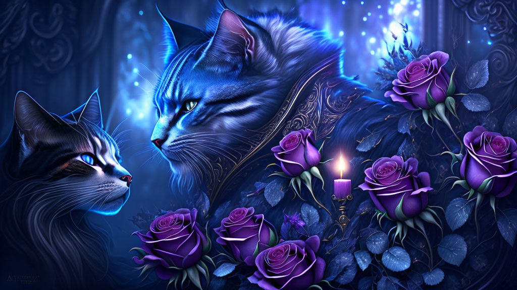 Blue Cats Surrounded by Purple Roses and Candle in Enchanting Setting