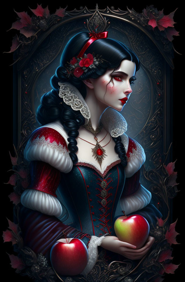 Illustrated portrait of Snow White-inspired character with pale skin, red lips, dark hair, holding red