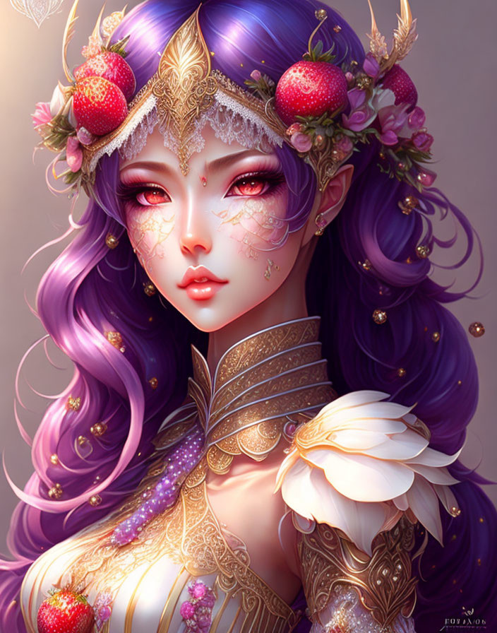 Fantasy character with purple hair, red eyes, tiara, golden armor, and feathered shoulders