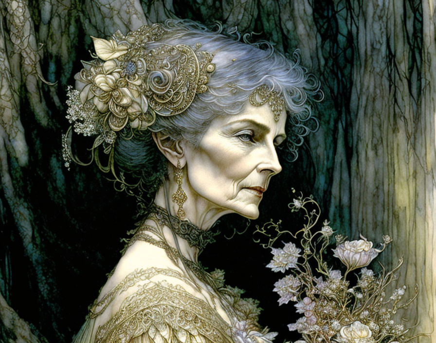 Elderly woman with gold headpiece and flowers against dark background