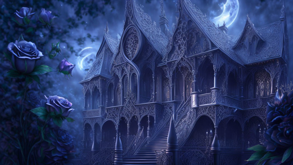 Ethereal blue roses in front of gothic mansion at night