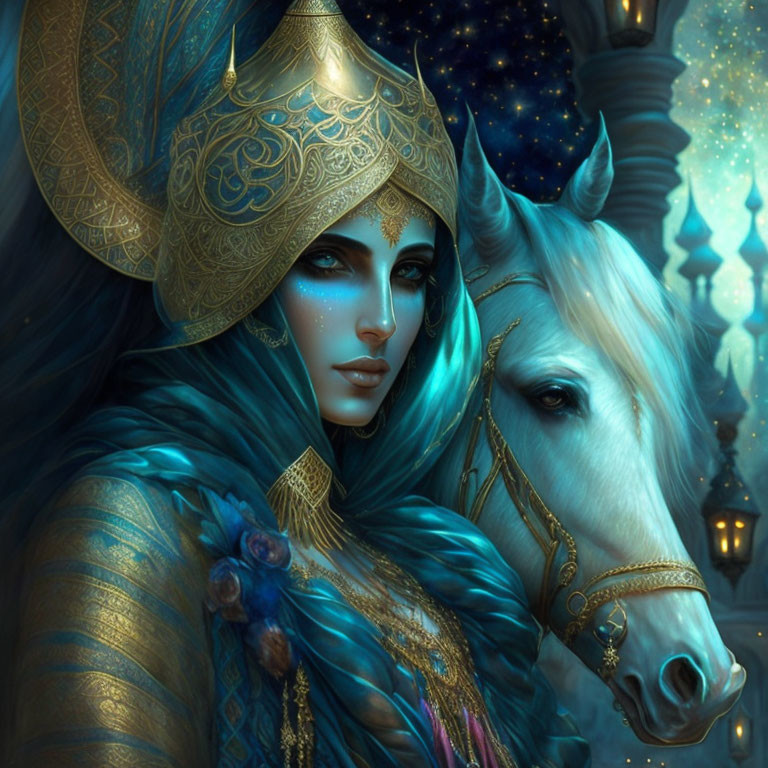 Mysterious Woman in Blue with Golden Accents Beside White Horse