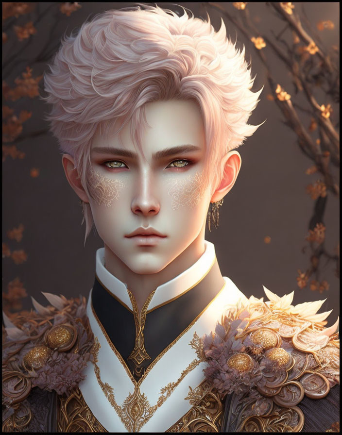 Fantasy character with white hair, golden eyes, and intricate face tattoos in ornate golden armor