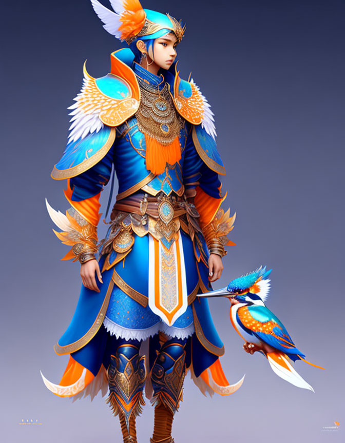 Digital artwork of person in ornate blue and orange fantasy armor with feathered details.