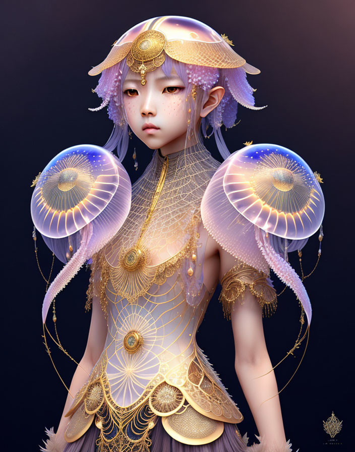 Pale-skinned fantasy character in jellyfish-inspired attire with gold ornaments and violet eyes on dark background