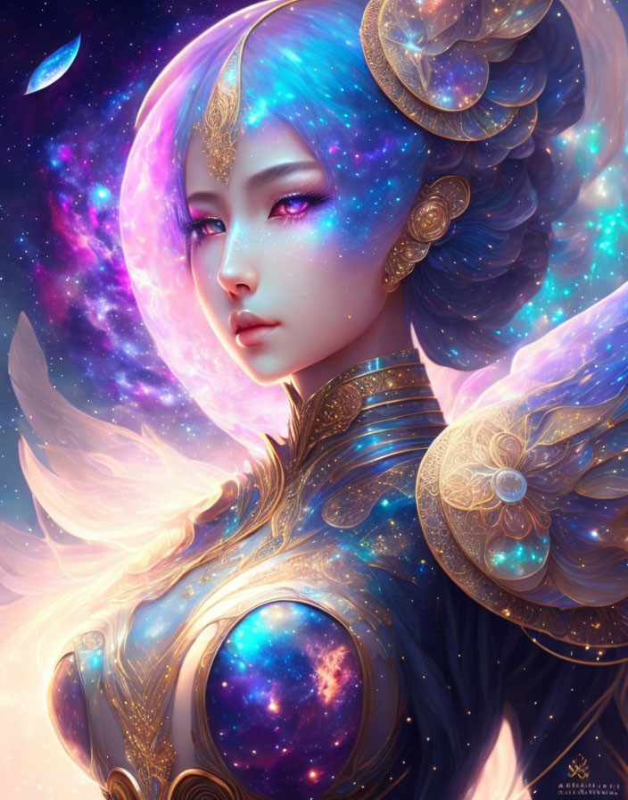 Blue-haired female character in golden armor amid cosmic stars and nebulas