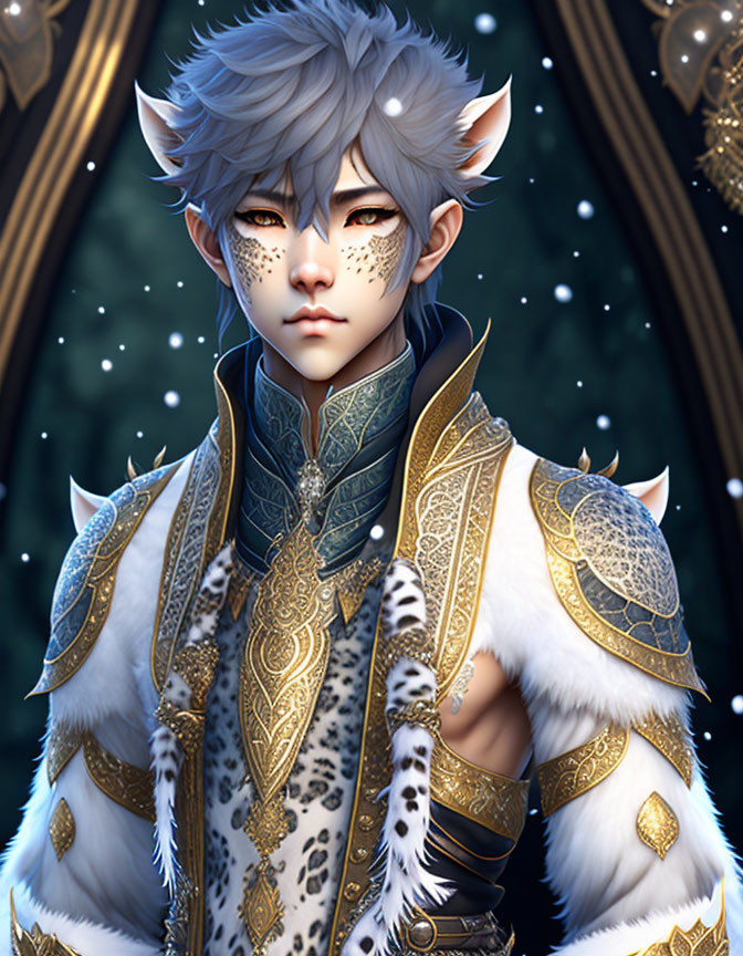 Illustrated character with feline features in white and gold outfit