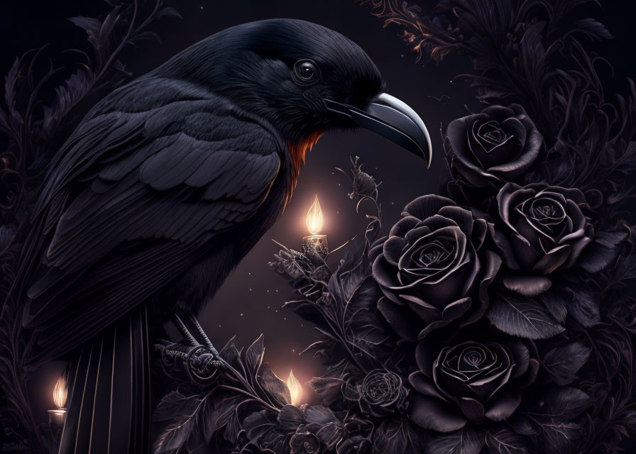 Dark atmospheric illustration: Raven, black roses, candlelight