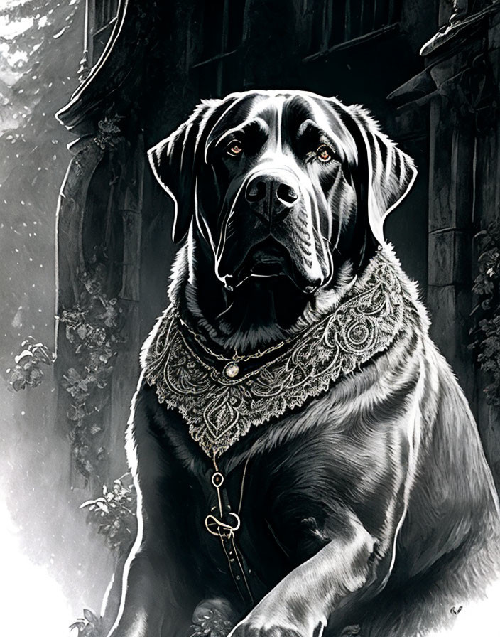 Detailed Black and White Illustration of Regal Dog with Textured Collar