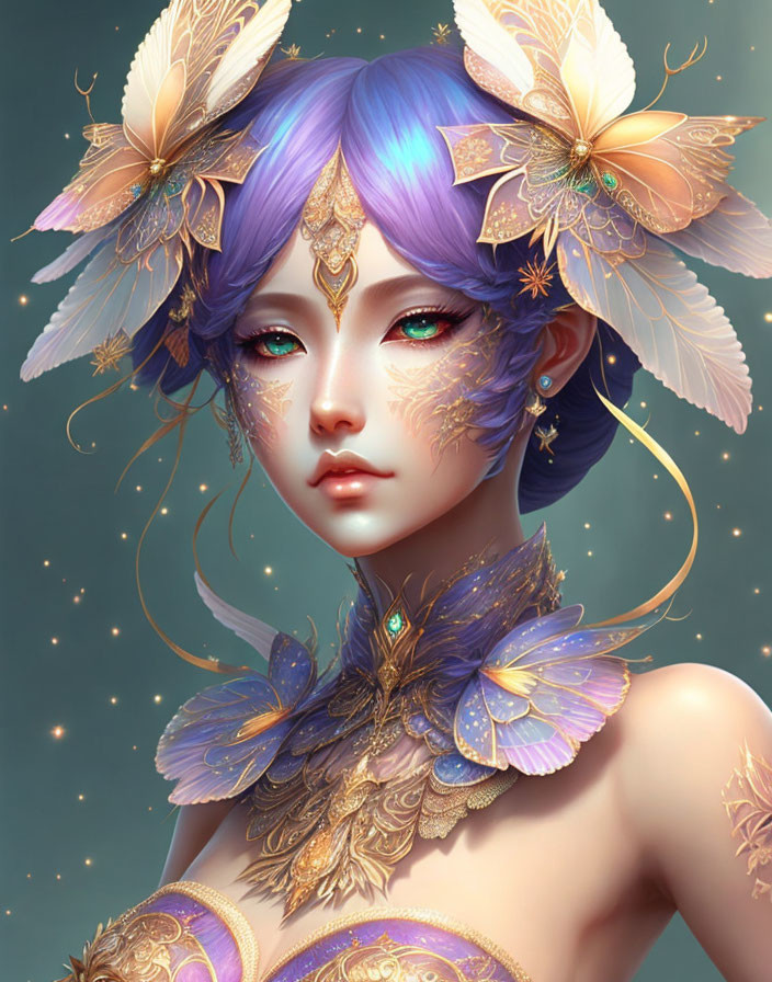 Fantasy portrait of female figure with purple hair and golden floral ornaments