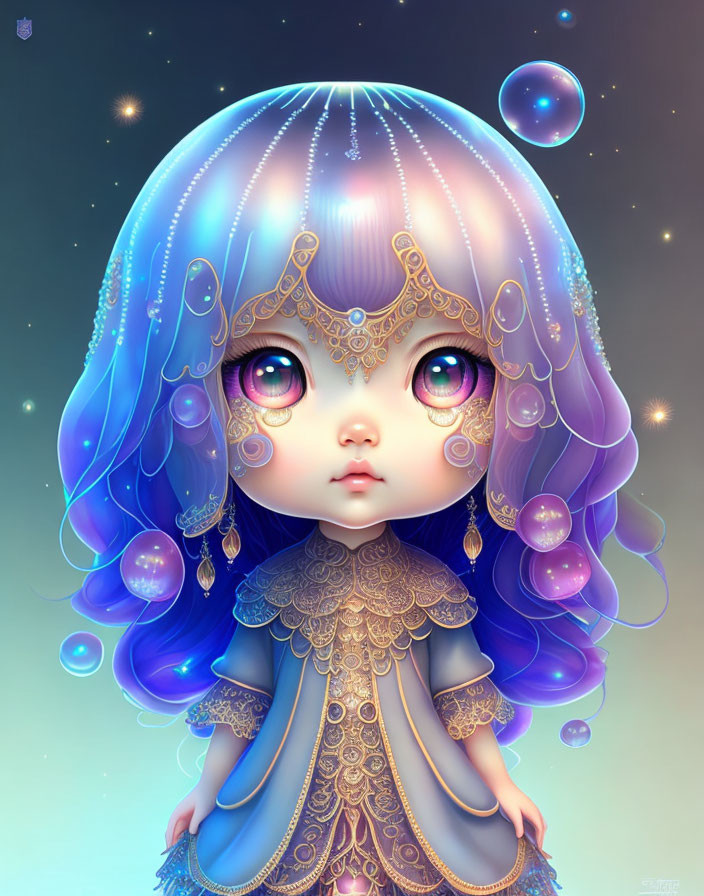 Whimsical young girl with purple eyes and blue hair on starry background