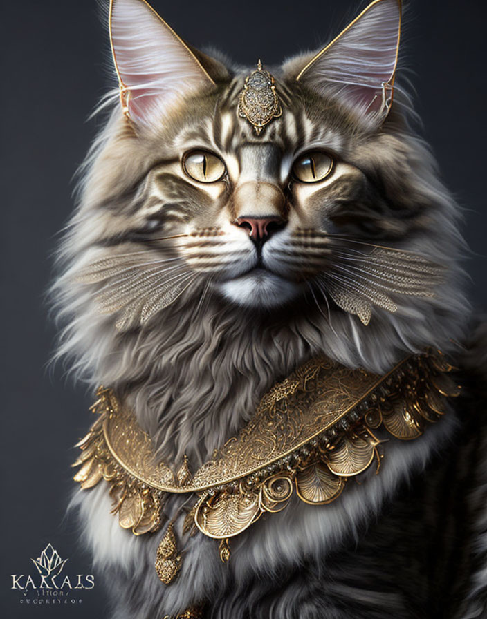 Golden accessories adorn majestic cat: forehead ornament and ornate collar.