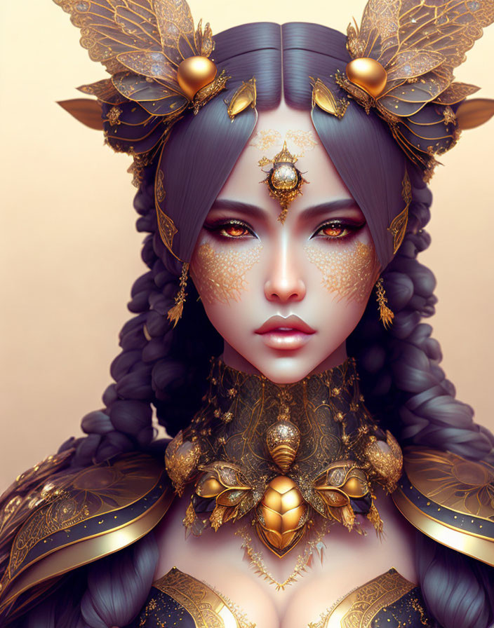 Illustration of female with violet skin and gold jewelry emitting regal aura