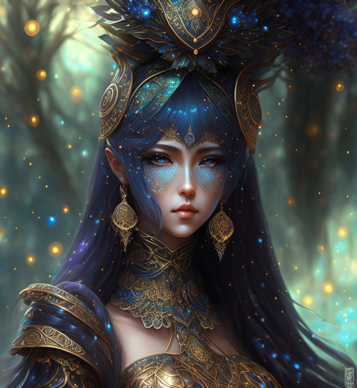 Blue-haired female figure with gold headdress in mystical forest scene