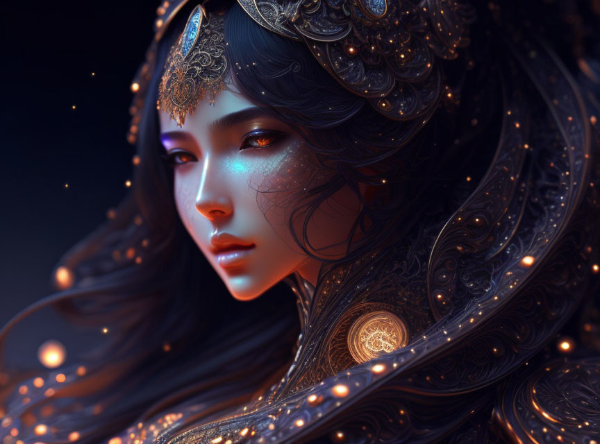 Detailed Fantasy Woman Digital Artwork with Ornate Headdress