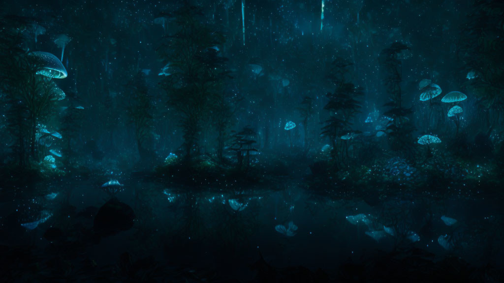 Enchanting nighttime forest with oversized mushrooms and serene water