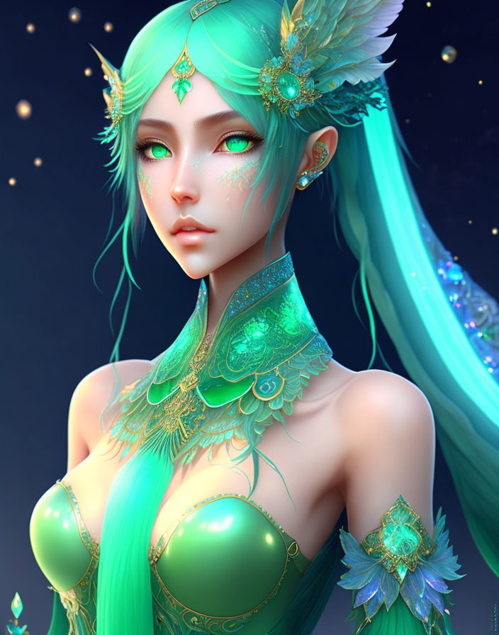 Fantasy illustration of woman with teal hair and ornate golden jewelry