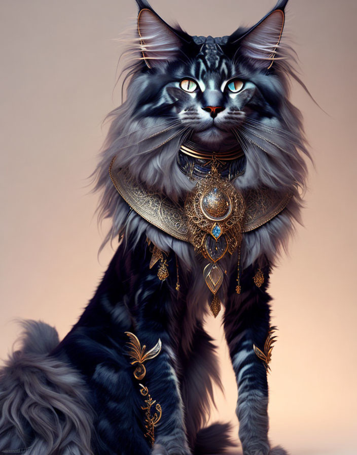 Regal long-haired cat adorned with golden jewelry and blue eyes