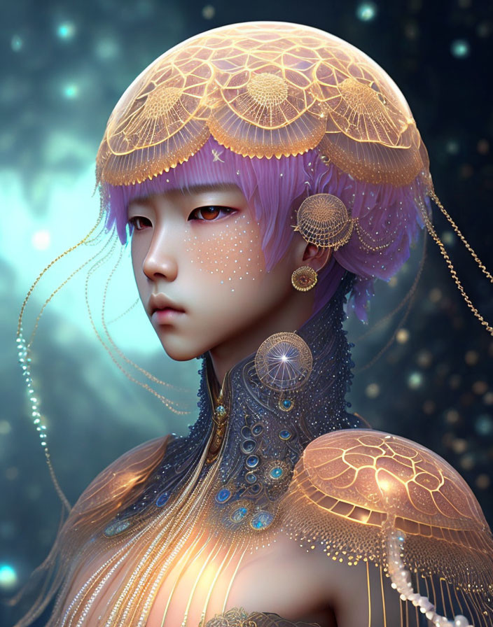 Illustrated character with purple hair and golden headpiece in celestial setting