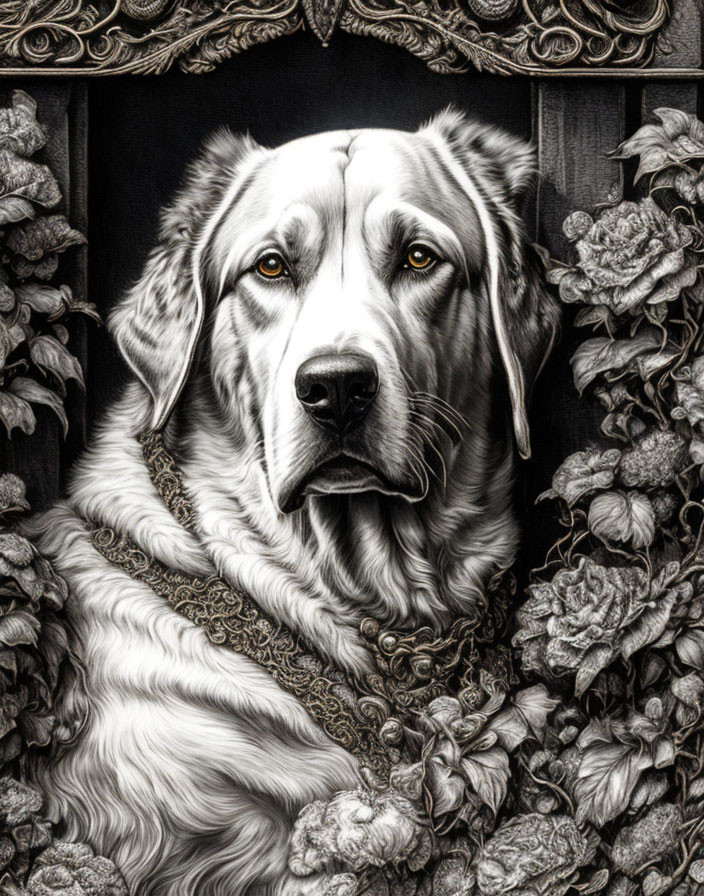 Detailed Monochrome Artwork: Dog with Soulful Eyes, Ornate Florals, Textured Chain