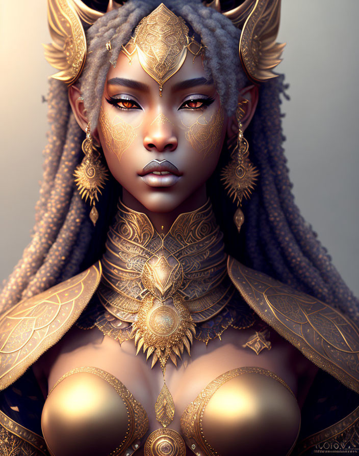 Digital portrait of woman with golden jewelry and tattoos showcasing regal elegance