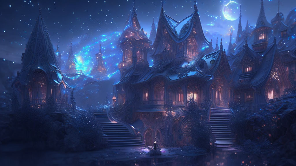 Fantasy architecture under starry sky with glowing spires