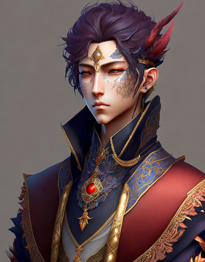 Male figure illustration with purple hair, golden ornaments, red gem, blue and gold attire.