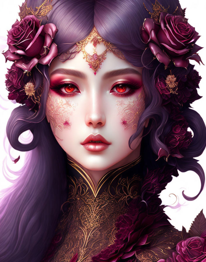 Illustration of woman with purple hair, red eyes, rose crown, golden attire