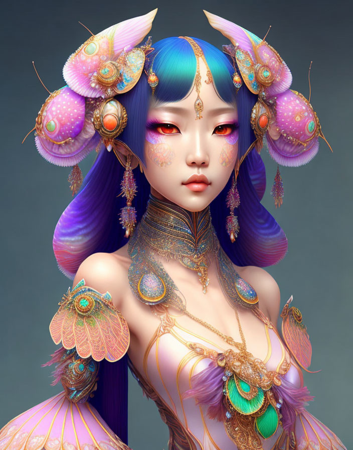 Fantasy character with blue-purple hair, ethereal makeup, lavish jewelry inspired by peacock feathers and