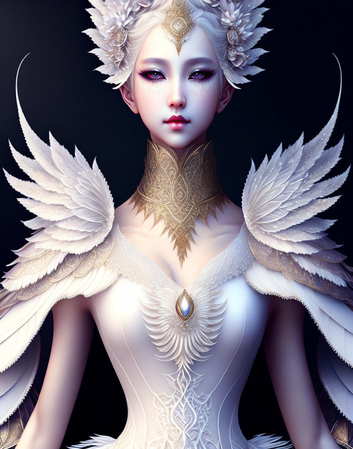 Fantastical character with white feathered wings and ornate golden headpiece