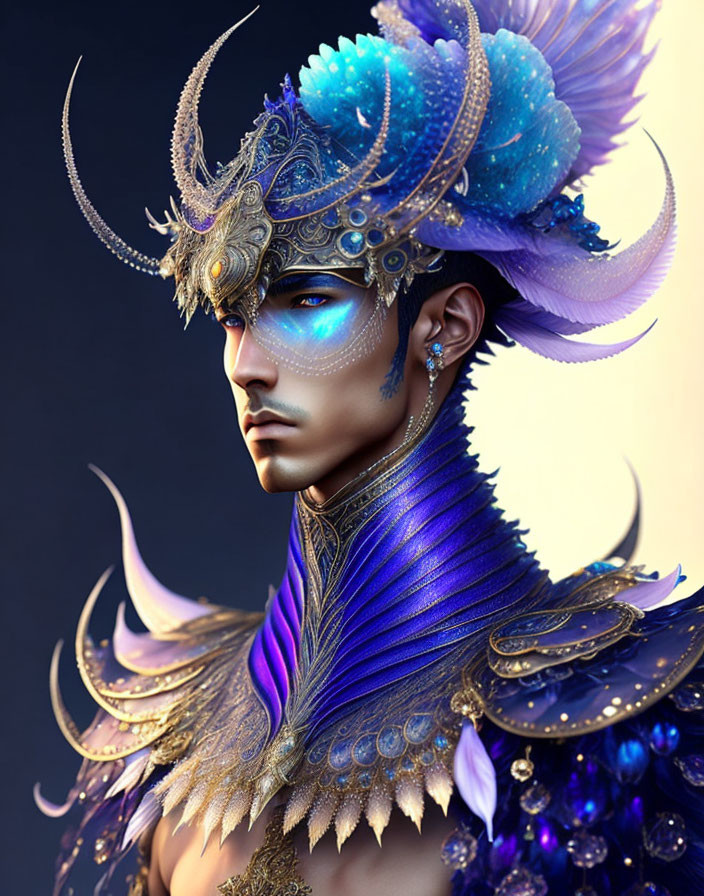 Digital artwork: Character in blue and purple costume with feathers and metallic ornaments