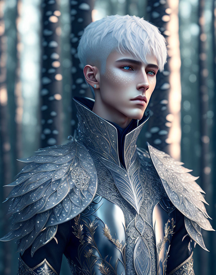 Platinum-haired figure in silver armor in mystical forest