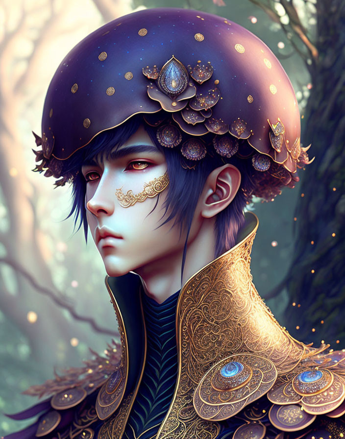 Digital illustration: Elfin person with starry helmet and golden jewelry in natural setting