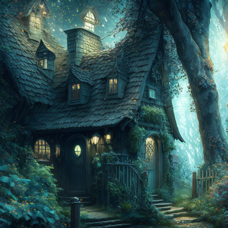 Enchanting Cottage in Mystical Forest with Glowing Windows