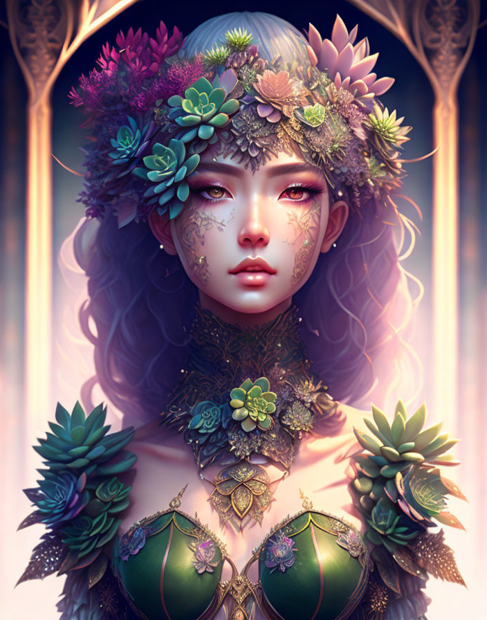 Digital Artwork: Woman with Floral Crown and Succulents