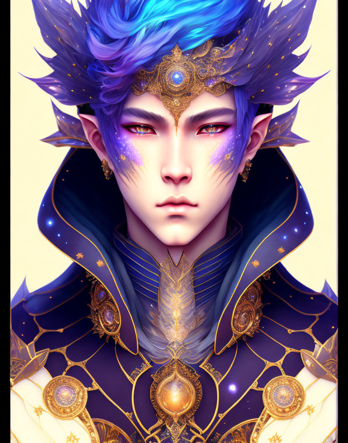 Character illustration: blue hair, golden headpiece, armor, face markings, intense gaze