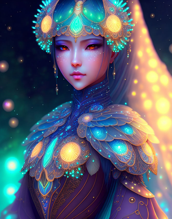 Digital artwork of a woman in peacock attire with golden jewelry on dark background