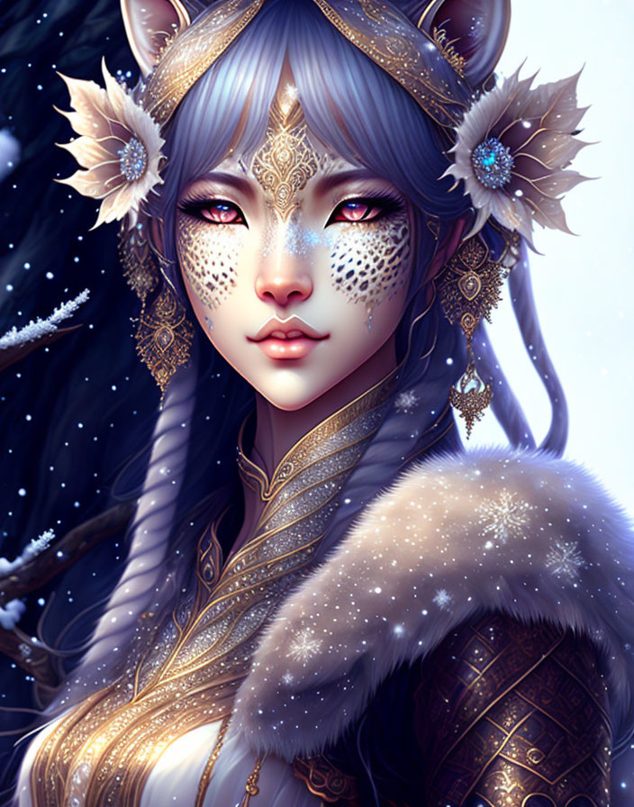 Illustrated female character with feline features and snowy backdrop.