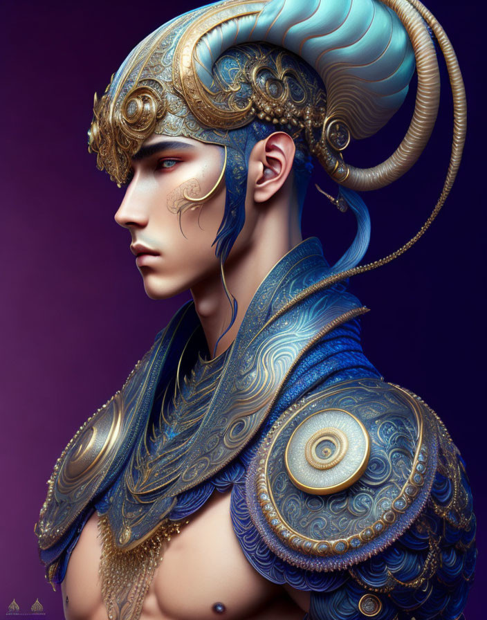 Detailed Fantasy Illustration: Ornate Golden Headpiece, Swirling Blue Horns, Intricate Armor