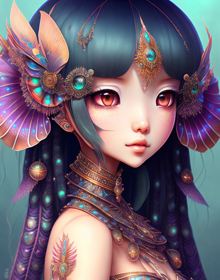 Detailed illustration of a girl with blue hair and intricate jewelry on pastel background