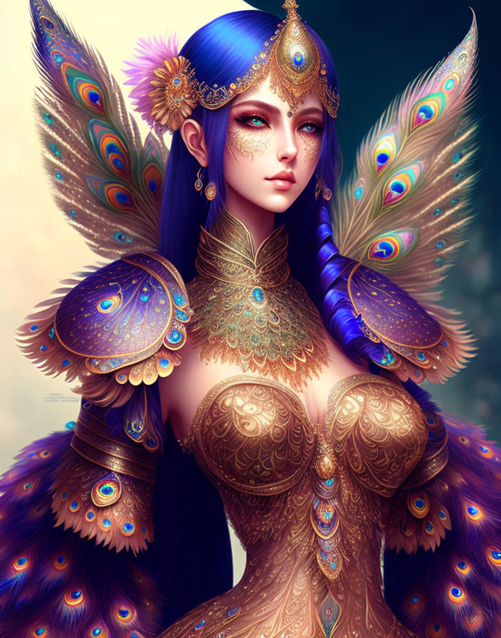 Fantastical female figure with peacock feather wings and golden armor