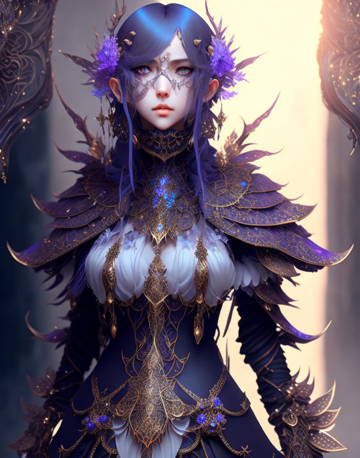 Ethereal fantasy character in gold and blue armor with purple flower headdress